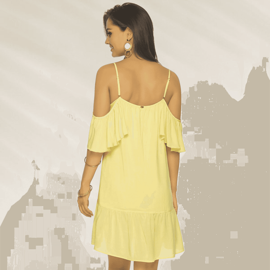 Vestido Curto com Alças Finas e Folhos Phax amarelo em tecido leve usado por mulher vista de costas