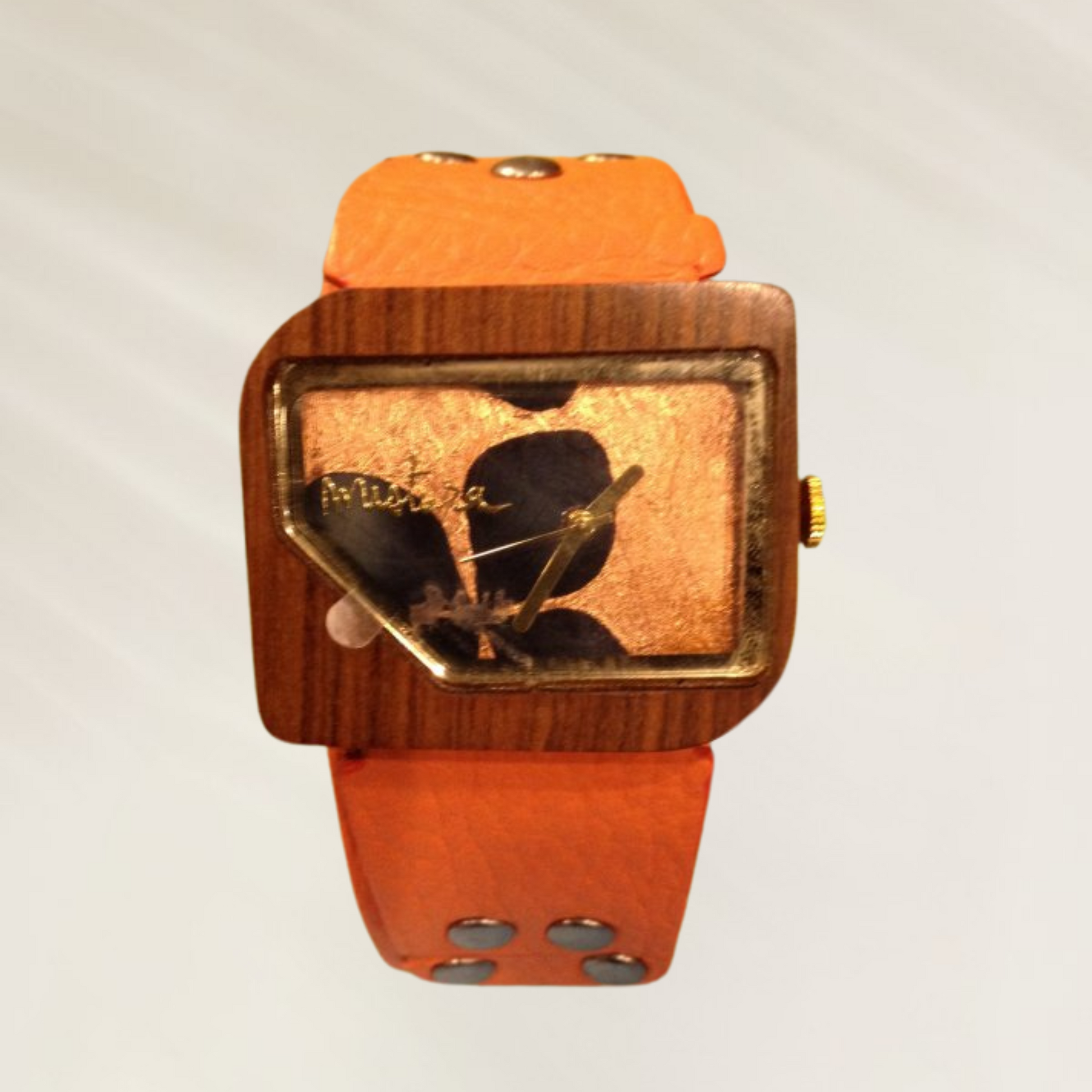 Relógio exclusivo em madeira com pétalas naturais – Edição Especial com pulseira laranja e design elegante