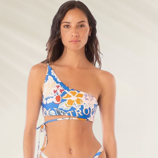 Top Assimétrico Maaji padrão Tropical em azul com estampa floral vibrante e detalhe de amarração