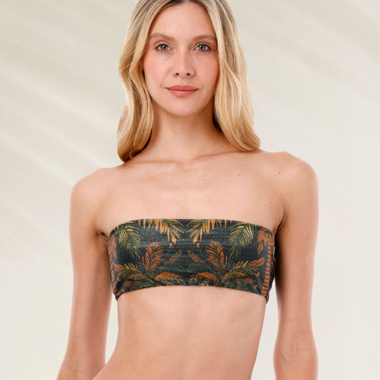 Top Bandeau Jade Oasis em estampa tropical, ideal para praia e piscina