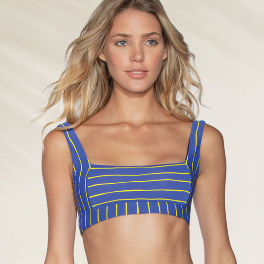 Top Bralette Maaji – Conforto com Design Tropical e Versátil em azul com listras amarelas