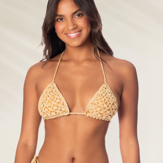 Top Crochê cor Areia Maaji em tricô handmade feminino com design exclusivo para praia