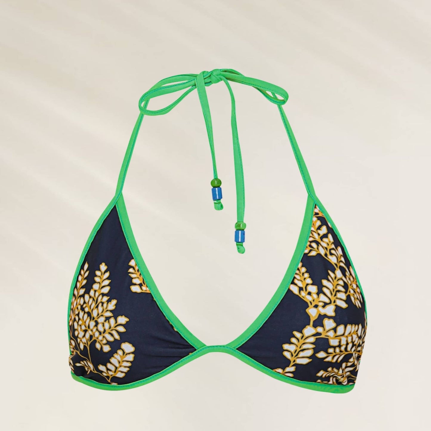 Top de Biquíni Balmy Azul e Verde com estampa floral e detalhes em pérolas coloridas