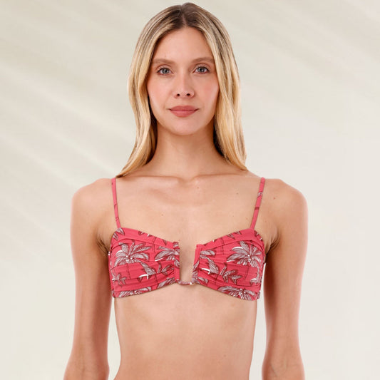 Top de Biquíni Bandeau Aro Tropical Coral com estampa de palmeiras e ajuste confortável