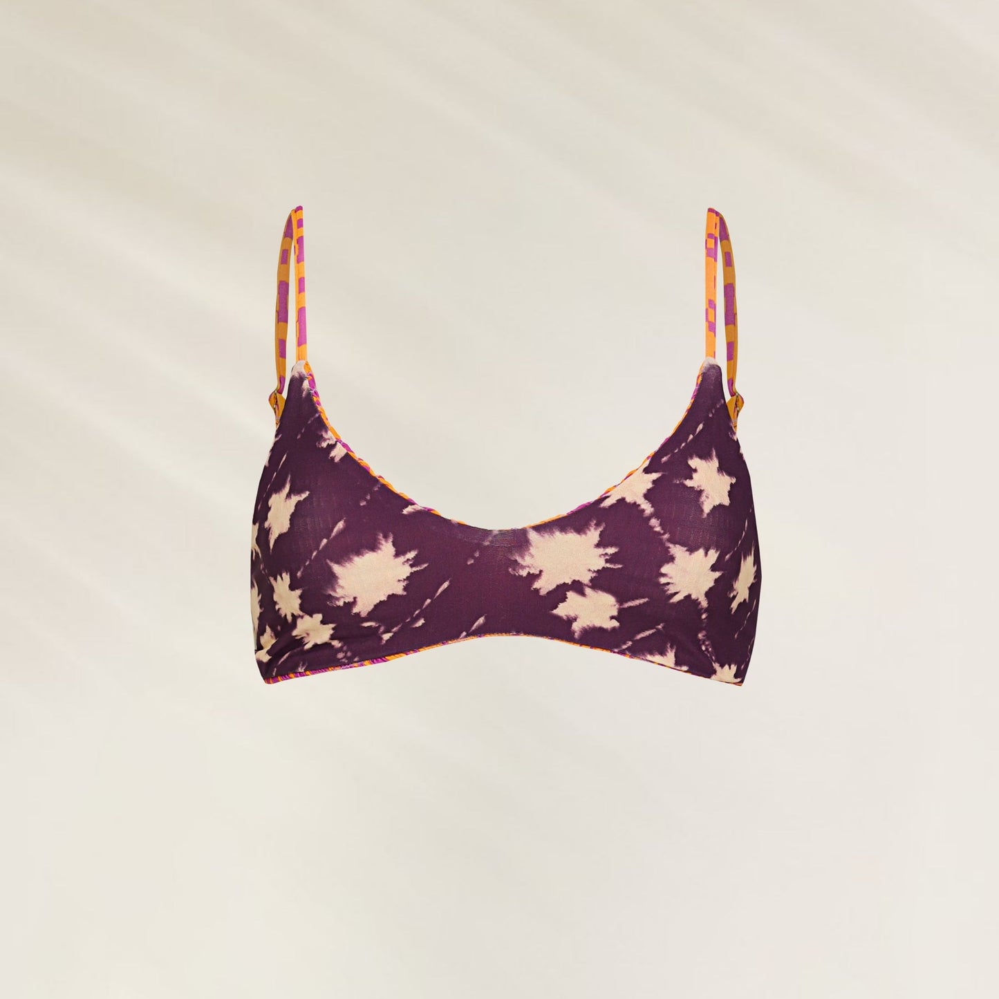 Top de Biquíni Bralette Gallineto em tom roxo com alças amareladas para um visual tropical