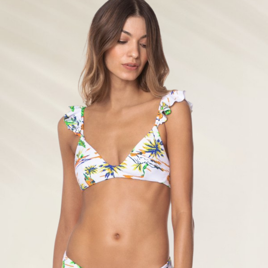 Top Reversível Bralette com Folhos Maaji em estampa tropical colorida, ideal para o verão