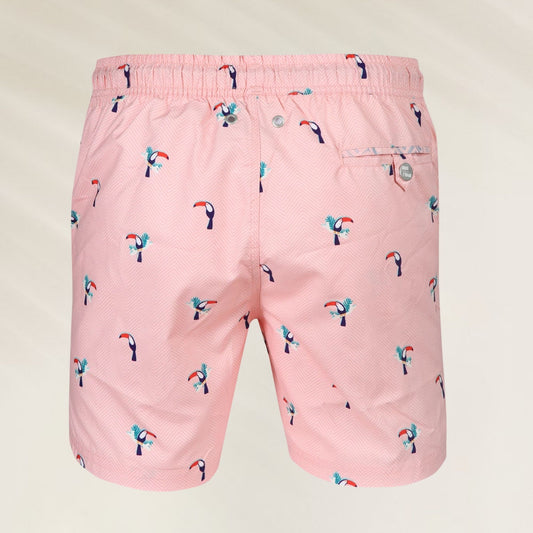 Calções de Banho Homem Toucan da John Frank em rosa com estampas de tucanos coloridos