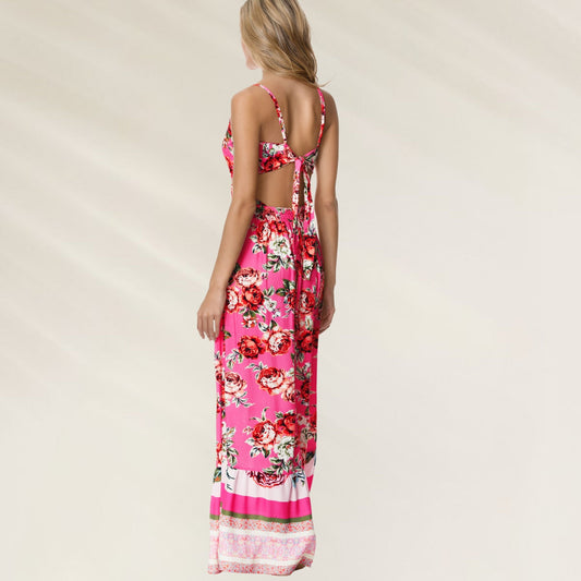 Vestido Comprido com Dupla Forma de Uso da Maaji em estampa floral vibrante, com costas abertas e detalhes coloridos