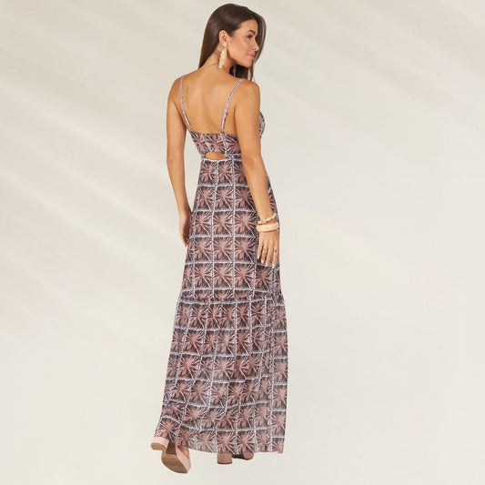 Vestido Comprido Estampado da Debrisa com detalhes elegantes e design moderno nas costas