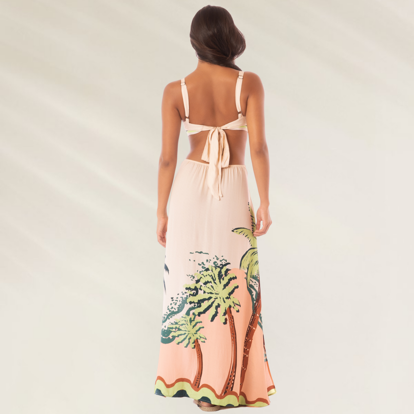 Vestido comprido Maaji Palm Glow Foxtail com estampa tropical e detalhe de amarração nas costas