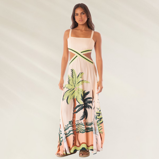 Vestido comprido Maaji Palm Glow Foxtail com estampa tropical e decote em V, ideal para o verão