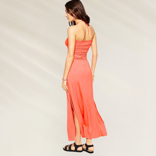 Vestido Coral Versátil Phax longo com detalhe franzido e fenda lateral para estilo elegante