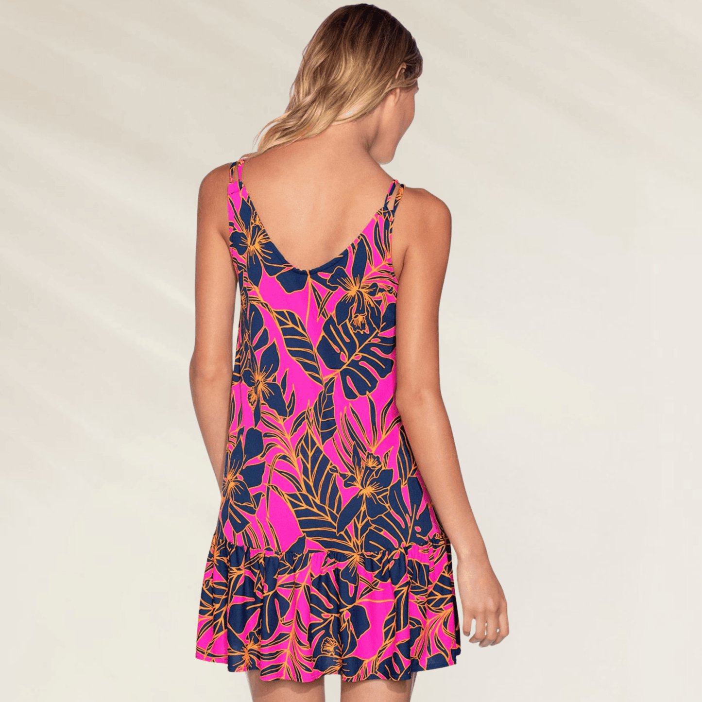 Vista traseira do Vestido Curto Maaji Rosa e Navy com estampa de folhas vibrantes