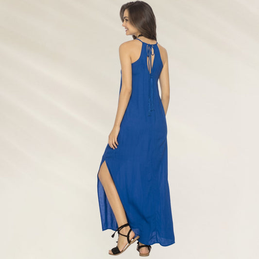 Vestido Longo Azul Fluido Phax com detalhes nas costas e fenda lateral para um visual elegante
