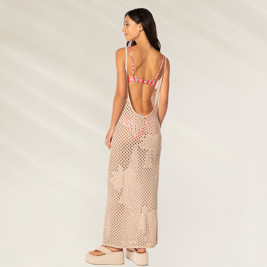 Vestido Longo Encore Bege da Maaji com detalhes de crochê e costas abertas