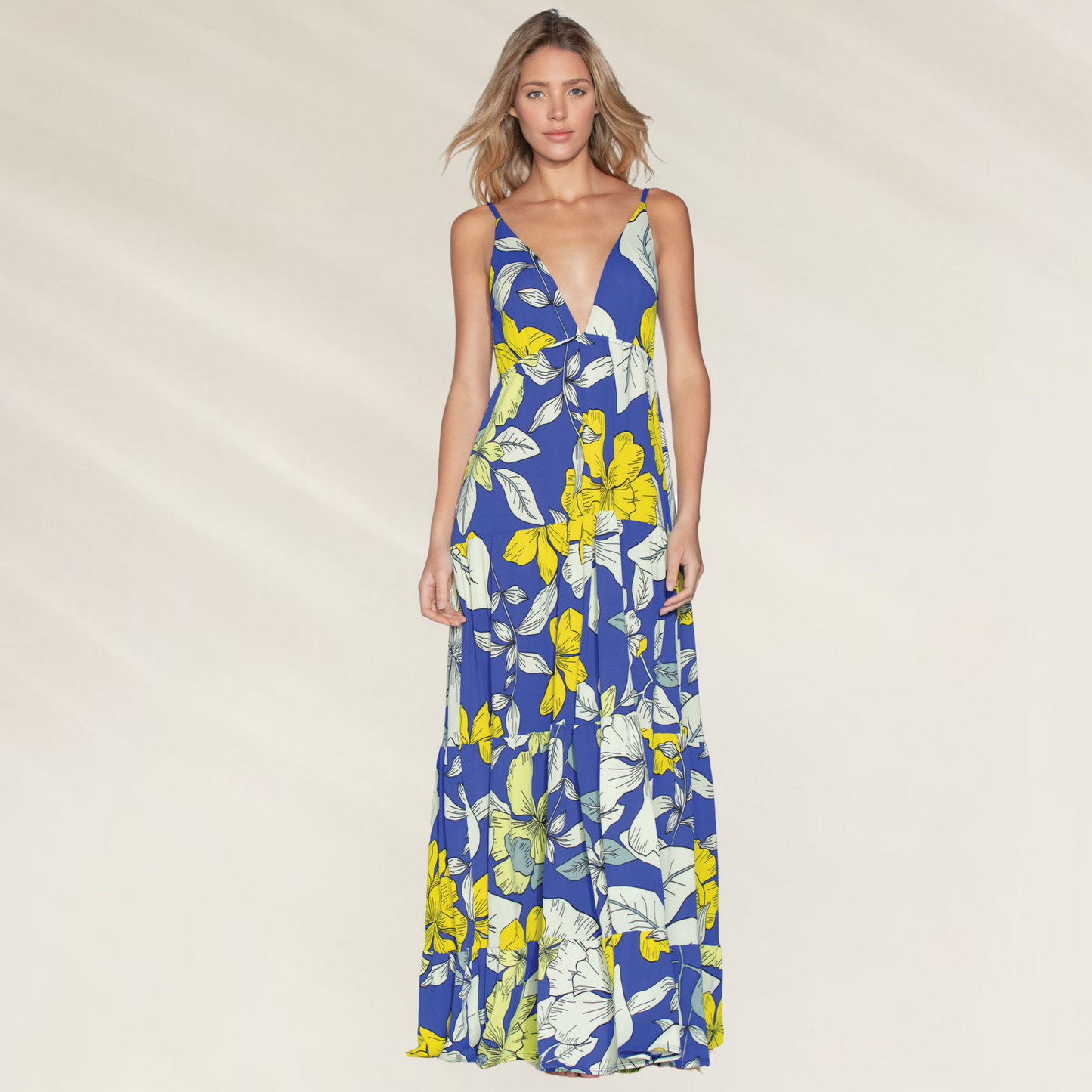 Vestido Longo Floral Azul Maaji com estampa vibrante e decote profundo para mulheres