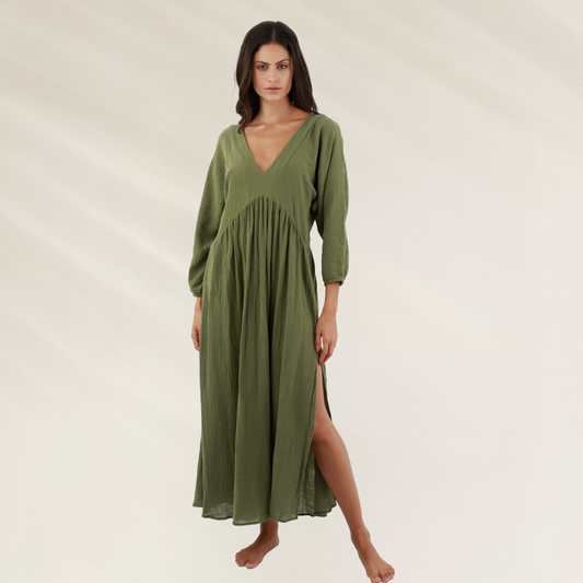 Vestido longo Malai em viscose com decote profundo e fenda lateral para um estilo elegante