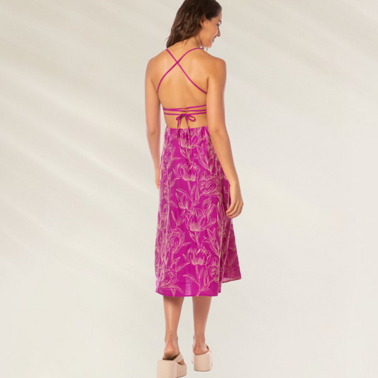 Vestido Remi Violet Foliage Maaji longo com estampa floral e tiras cruzadas nas costas