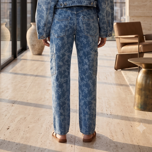 Calças Jeans Bootcut 70's com Estampa Frog - Animale Jeans vistas de trás em ambiente moderno