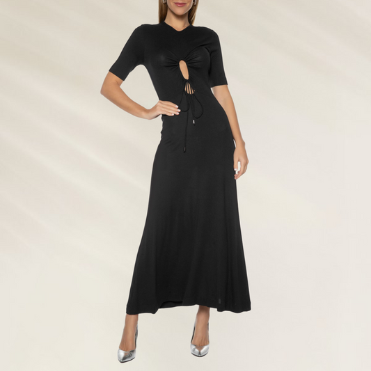Vestido Comprido em Viscose com Recorte Frontal – Animale Brasil em tecido preto, modelo de manga curta