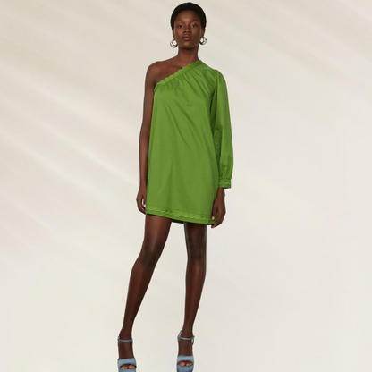 Vestido Verde Um Ombro Só com Bordado Ilhós – Animale Brasil vestido curto verde modelo com uma manga longa