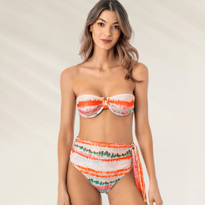 Top de biquini Maaji listrado em laranja e verde, com design de soutien tomara que caia