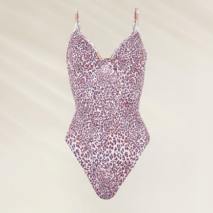 Fato de banho Maaji com estampa tie-dye nas cores laranja, verde e rosa, com faixa lateral