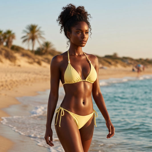 Modelo usando o Biquíni Completo Mia Amarelo Manteiga na praia durante o pôr do sol