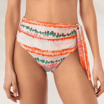 Cueca de biquíni Maaji em estampa tie-dye laranja e verde com faixa ajustável na cintura