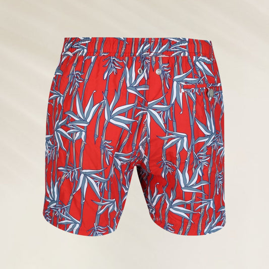Calção de Banho Homem Bamboo John Frank em vermelho com estampas de folhas tropicais