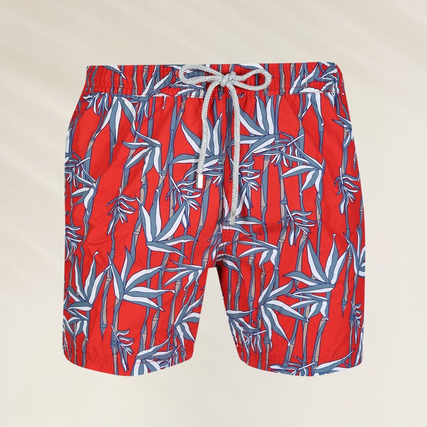 Calção de Banho Homem Bamboo vermelho com estampa de bambu colorido e cordão ajustável