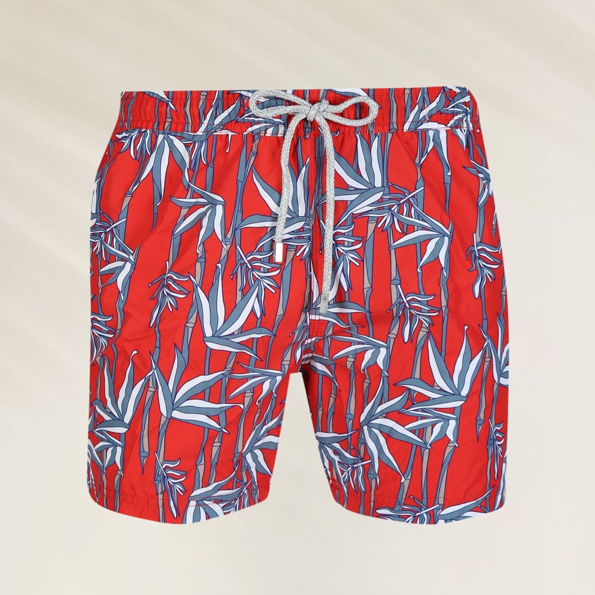 Calção de Banho Homem Bamboo vermelho com estampa de bambu colorido e cordão ajustável