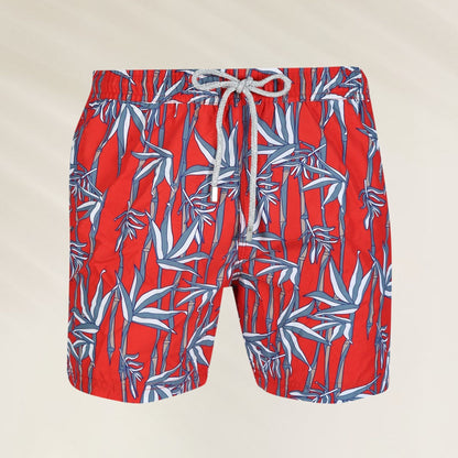 Calção de Banho Homem Bamboo vermelho com estampa de bambu colorido e cordão ajustável