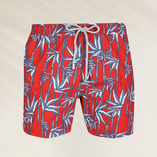 Calção de Banho Homem Bamboo vermelho com estampa de bambu colorido e cordão ajustável