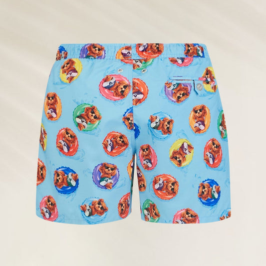 Calção de Banho Homem Floaties com estampa colorida de animais em boias no fundo azul