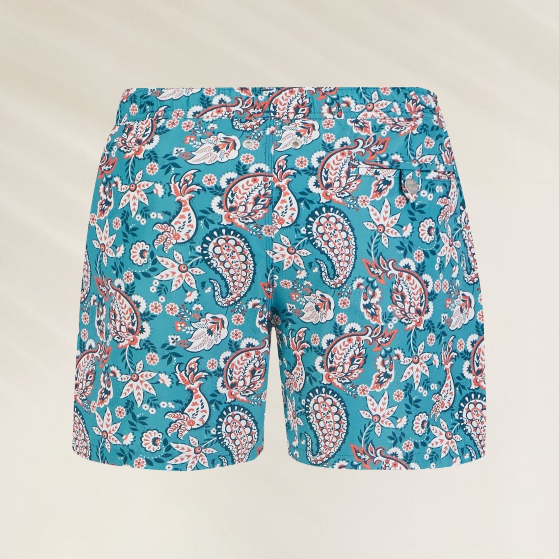 Calção de Banho Homem Paisley da John Frank com estampa vibrante em azul e detalhes florais