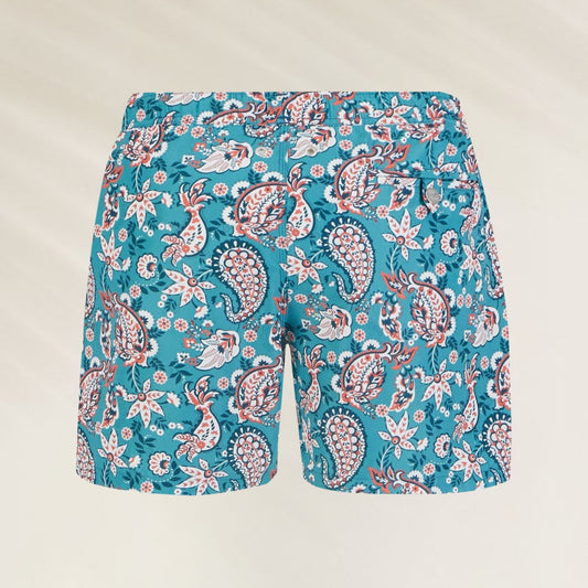 Calção de Banho Homem Paisley da John Frank com estampa vibrante em azul e detalhes florais
