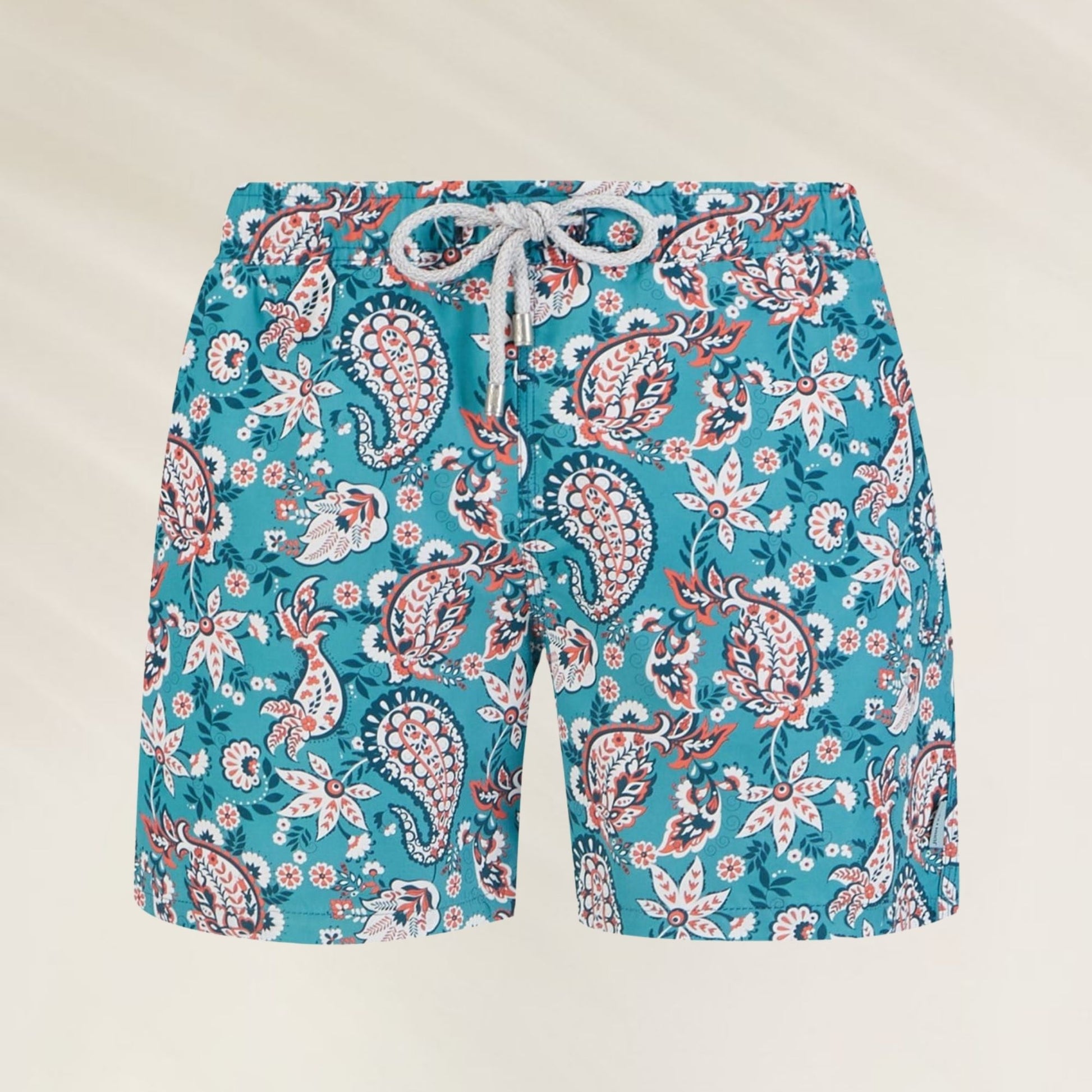 Calção de Banho Homem Paisley em azul com estampa floral e ajuste de cordão