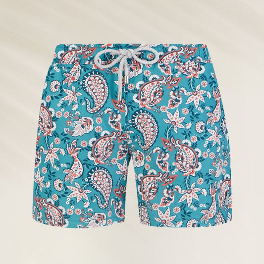 Calção de Banho Homem Paisley em azul com estampa floral e ajuste de cordão