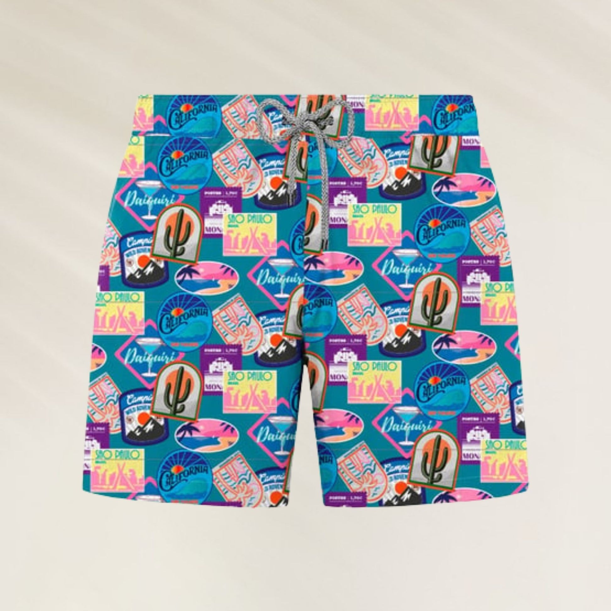 Calção de Banho Homem Post da John Frank com estampa colorida de surfe e praia