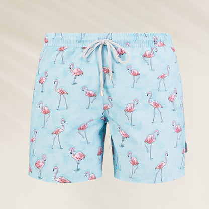 Calções de Banho Homem Flamingo Blue da John Frank com estampa vibrante de flamingos