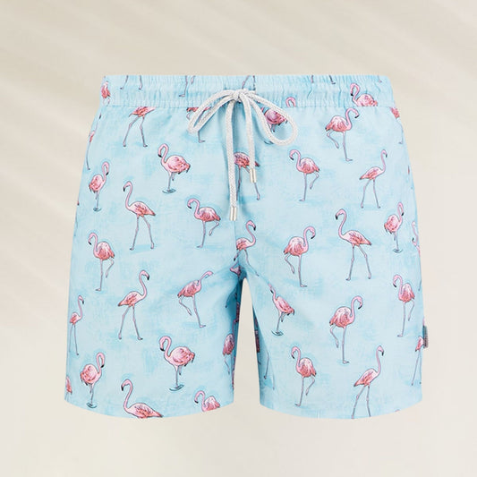 Calções de Banho Homem Flamingo Blue da John Frank com estampa vibrante de flamingos