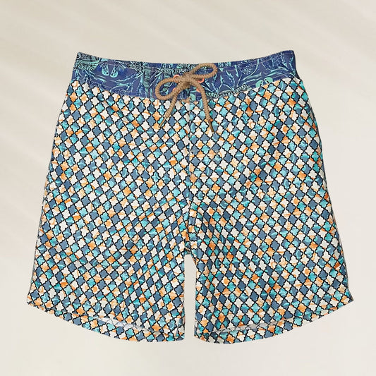 Calções de Banho Mosaic Blue da Maaji com estampa colorida e cordão ajustável na cintura