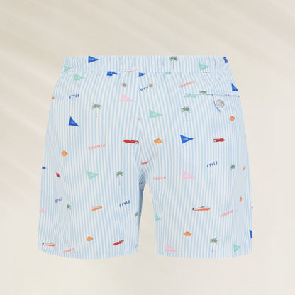 Calções de Banho Stripes John Frank com estampa divertida em azul e cores vibrantes para o verão