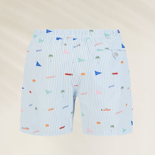 Calções de Banho Stripes John Frank com estampa divertida em azul e cores vibrantes para o verão