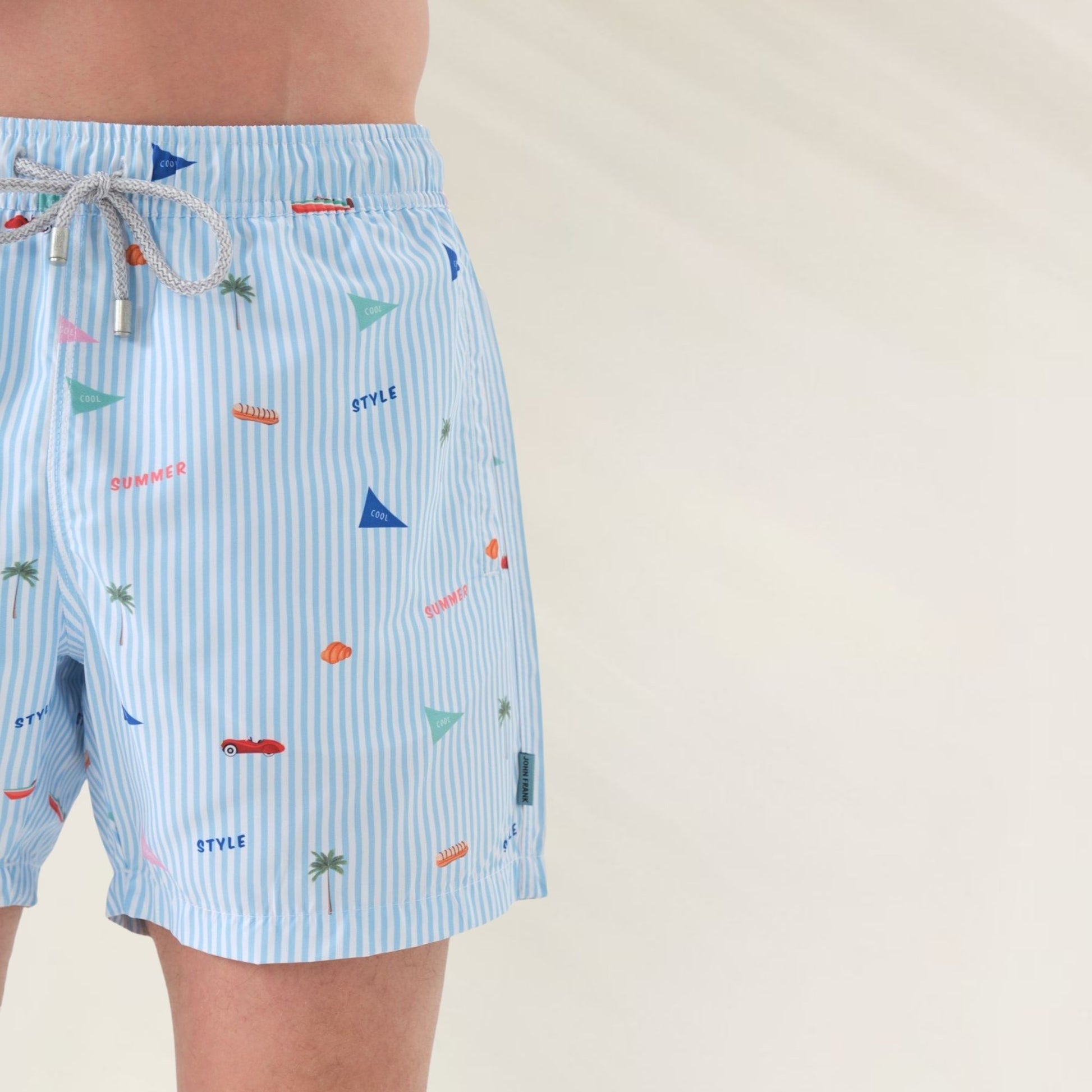 Calção de banho John Frank Calções de Banho Stripes em azul com estampas coloridas para verão