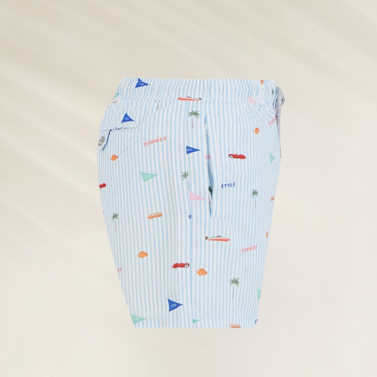 Calções de Banho Stripes John Frank com estampa colorida de objetos de verão e listras azuis