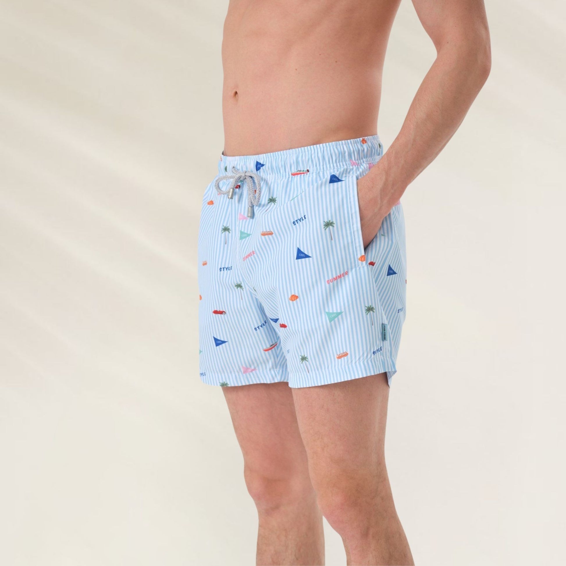 Calções de Banho Stripes John Frank com estampa de objetos náuticos em fundo azul claro