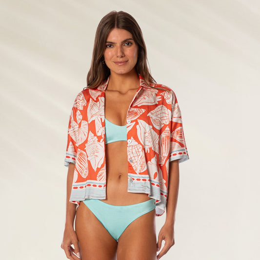Camisa Octavia Australian Reef da Maaji com estampa de folhas em tons laranja e branco