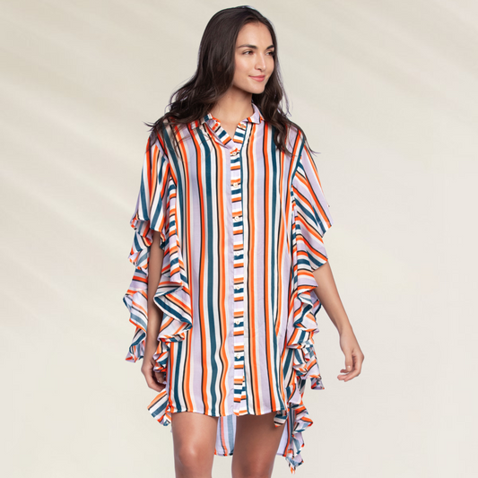 Camiseiro Maaji com Riscas Coloridas e Volantes Laterais em estilo casual e vibrante